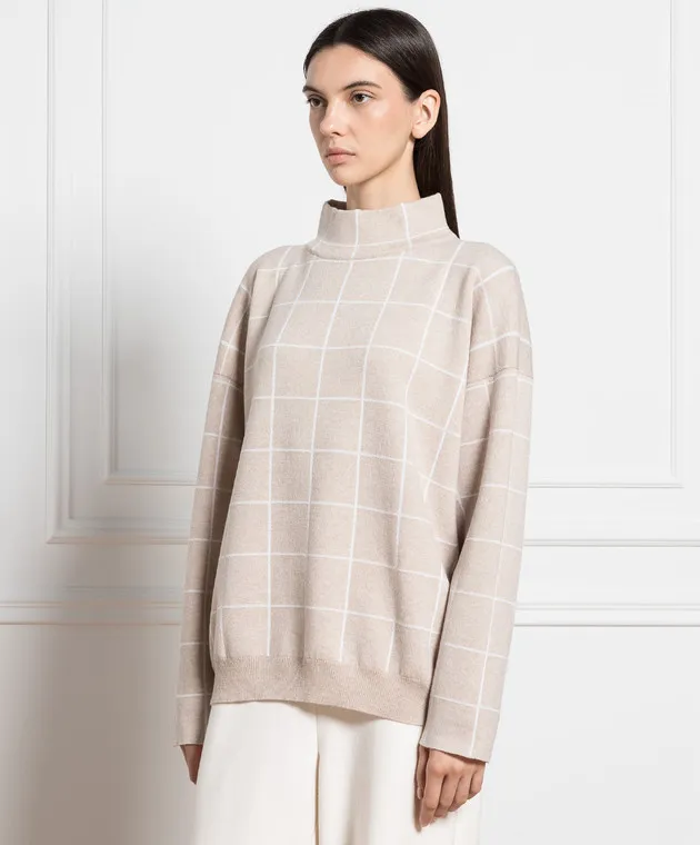 ANNECLAIRE Beige check wool and cashmere sweater