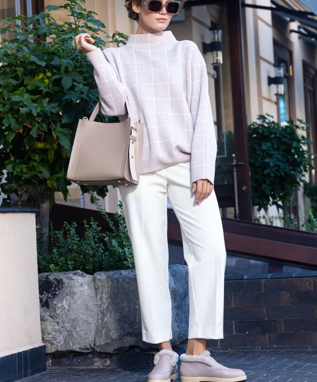 ANNECLAIRE Beige check wool and cashmere sweater