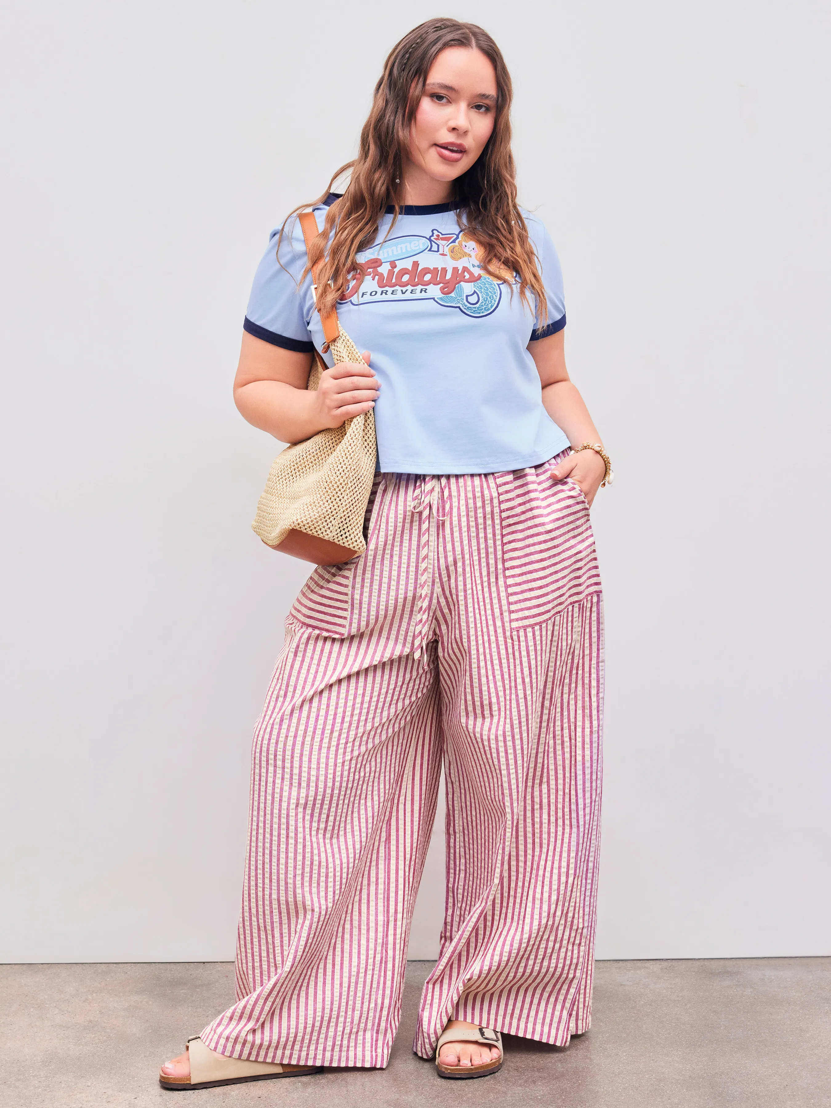 Pantalón Ancho a Rayas con Cintura Elástica y Bolsillos de Tiro Medio Curvy