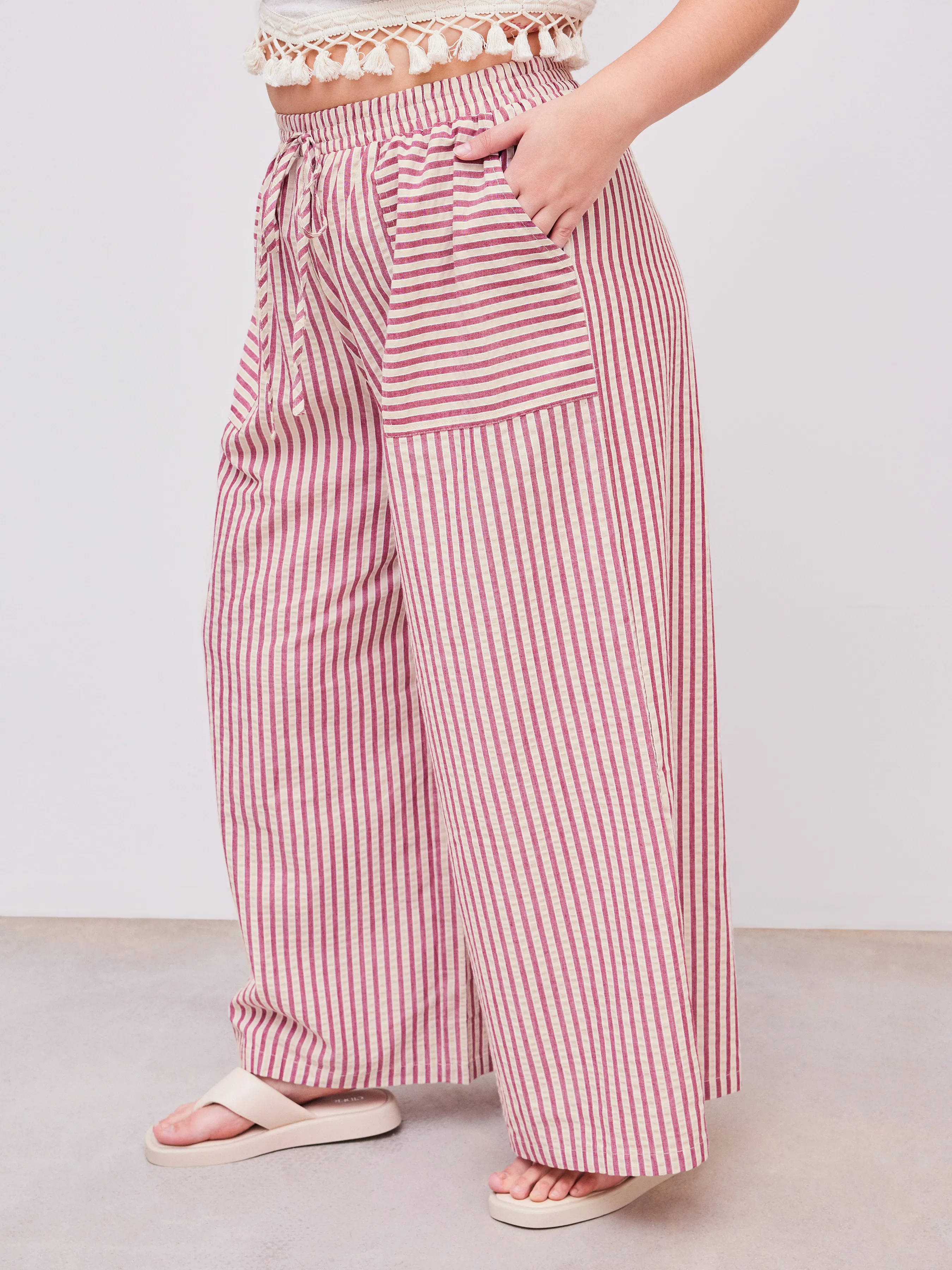 Pantalón Ancho a Rayas con Cintura Elástica y Bolsillos de Tiro Medio Curvy