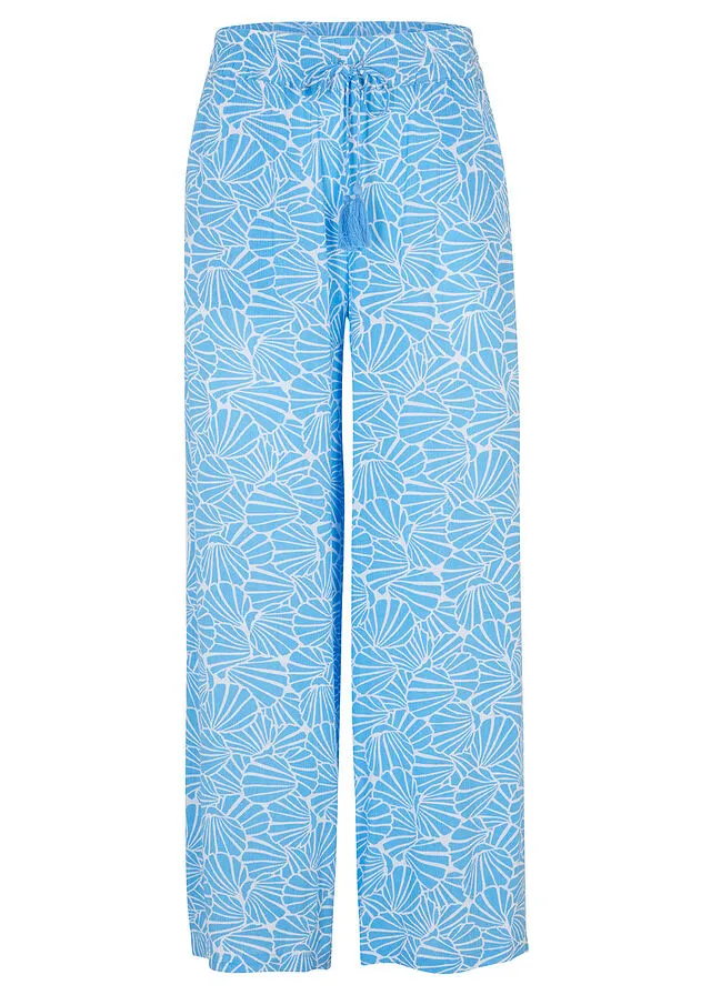 Pantalón ancho y arrugado con cintura cómoda Azul brillante/blanco