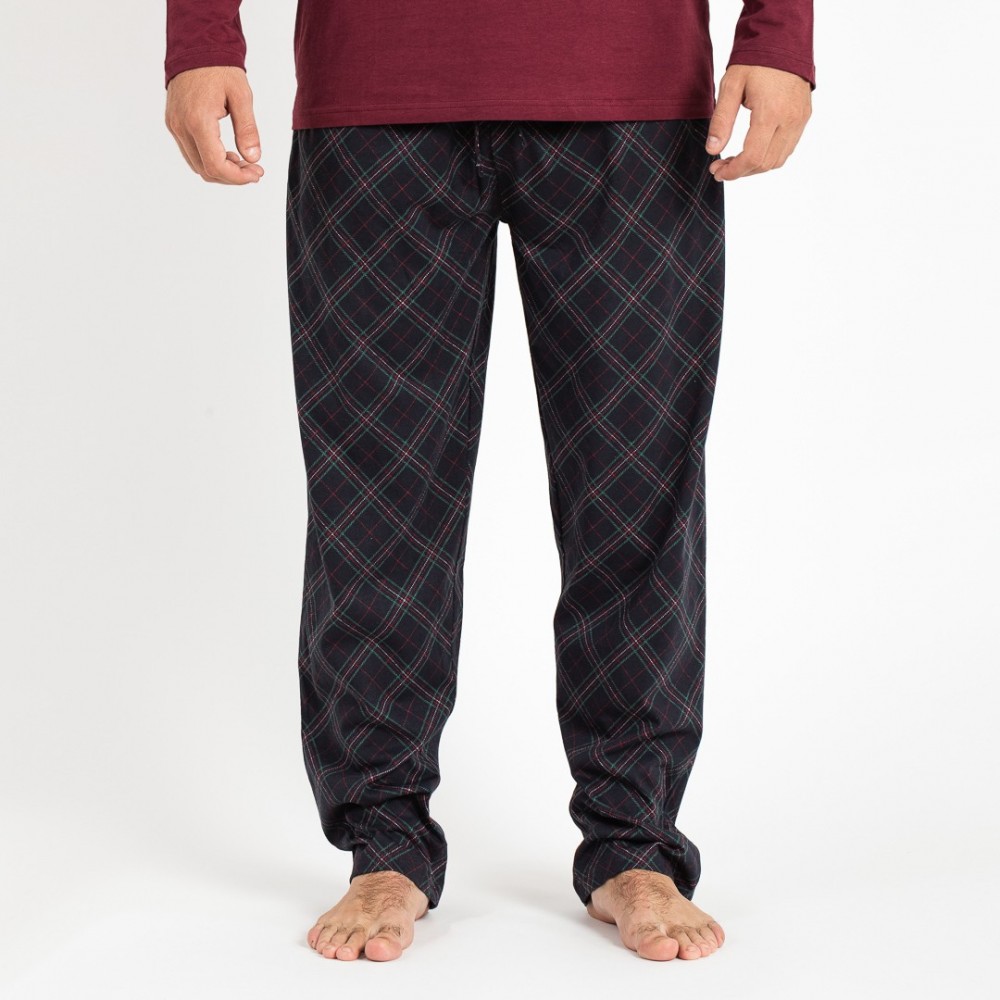 Pijama largo algodón hombre Cuadro Friche burdeos