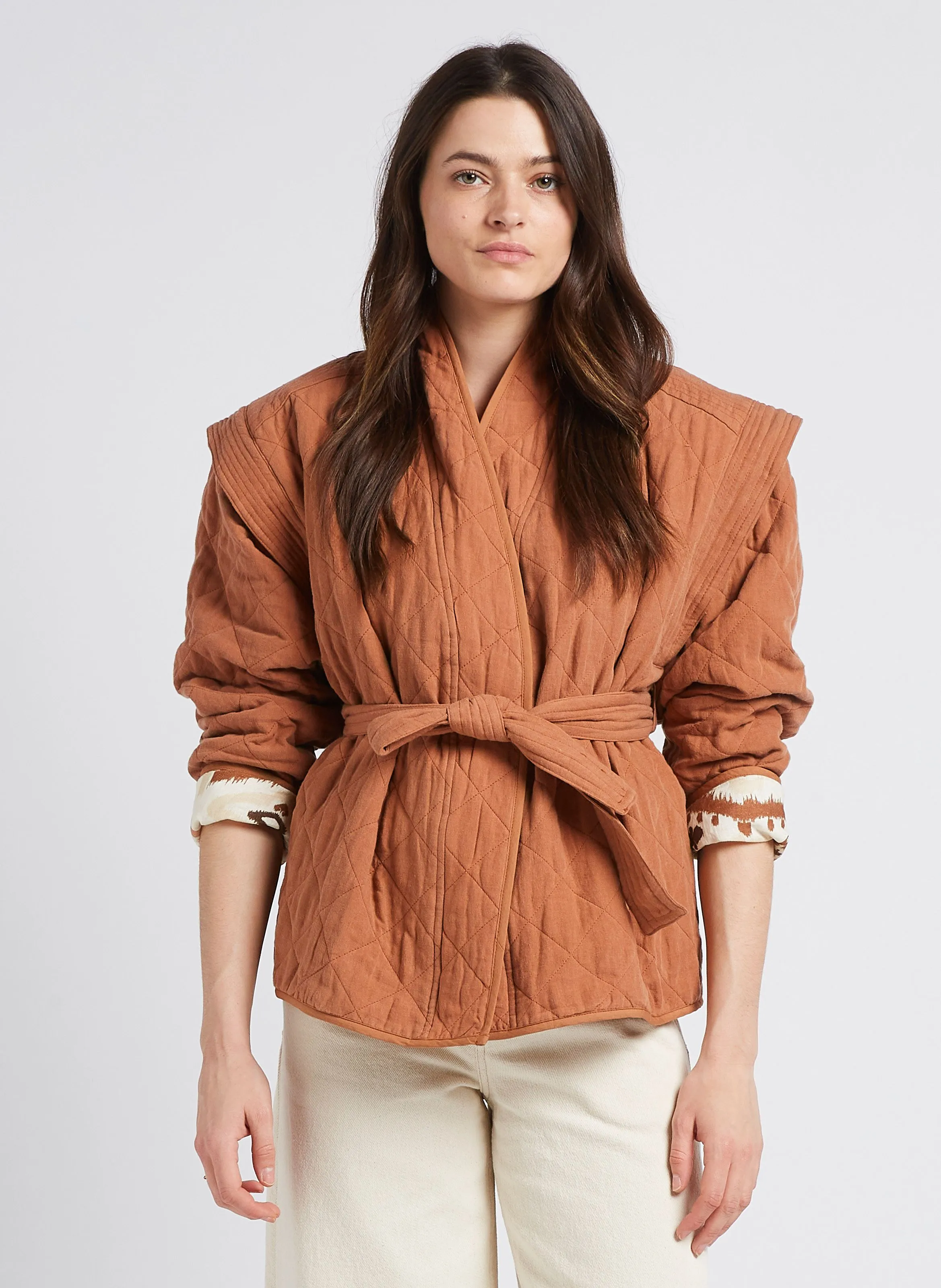 THE NEW SOCIETY WEST - Chaqueta corta reversible de lino acolchado en marron