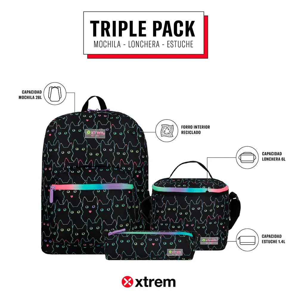 Triple Pack 5XT Mochila Niña Xtrem Gatos Negro